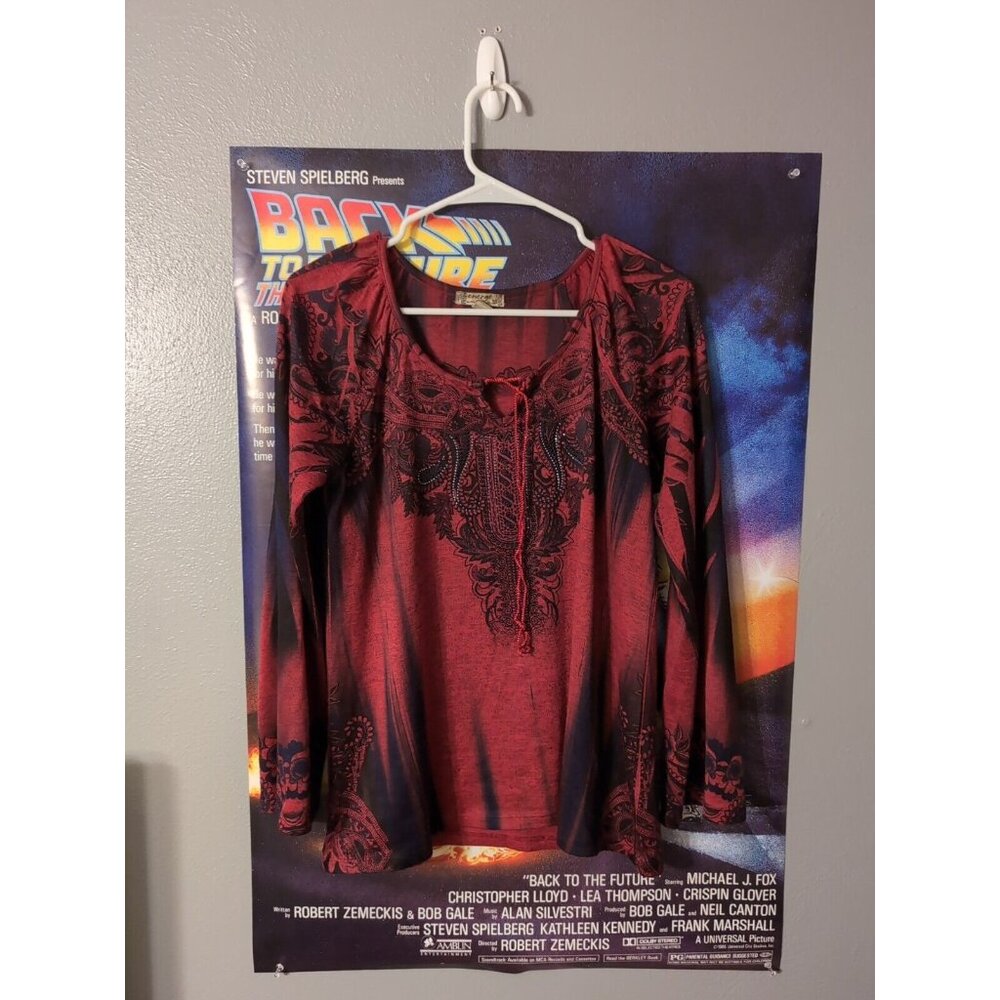 Energe World Wear Red Long Sleeve Tie Neck Blouse Size S